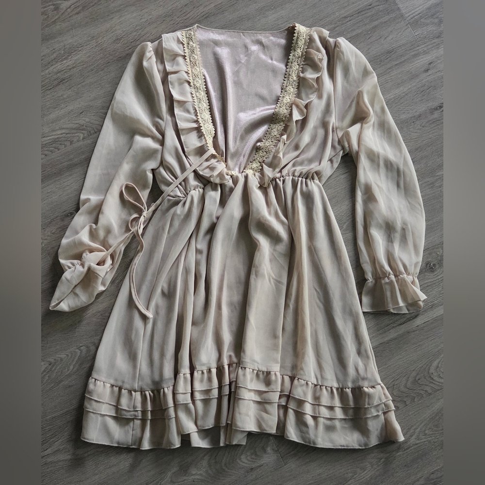 Beige Tab Vintage Sheer Ruffle Dress